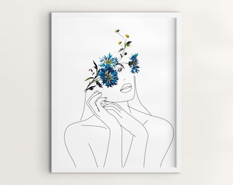 Impresión de mujer con arte lineal y cabeza floral, decoración minimalista para pared (descarga digital)