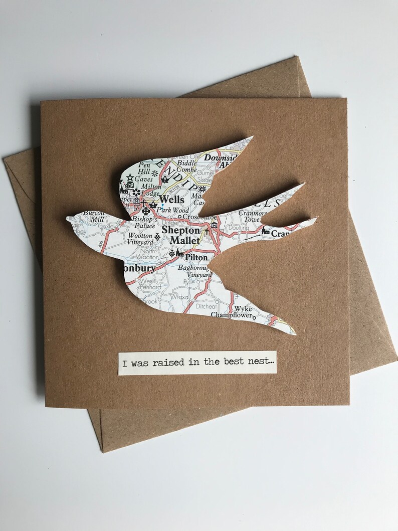 Personalised Mother's Day card,wooden bird,map image 1