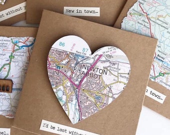 Valentines card with wooden heart covered in map of your choice