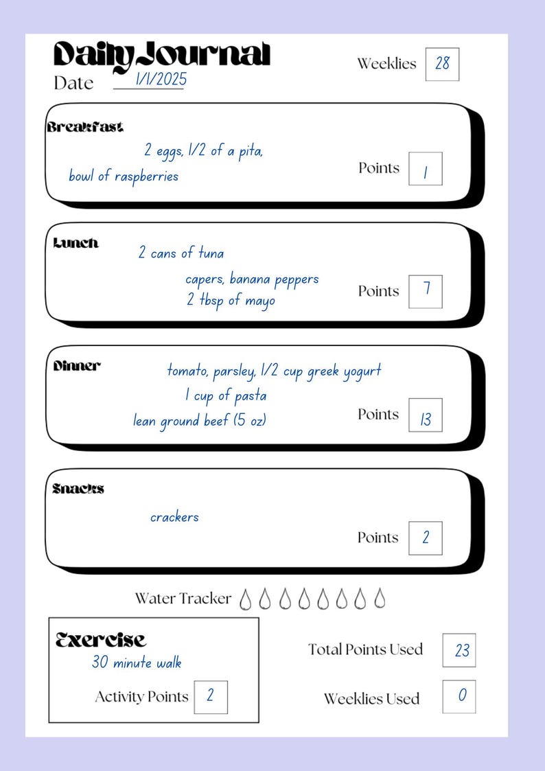 Daily Food Point Printable Tracker, Planner, Weight Watchers Food Diary ...