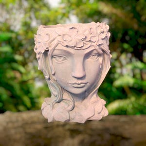 May include: A light pink, sculpted planter in the shape of a woman's face. The planter features a floral crown and detailed facial features. The background is blurred green foliage.