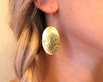 Oval Hammered Dangle Handmade Statement Gold - Silver Earrings