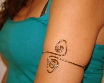 Upper arm cuff arm band spiral shape made of brass, aluminium, german silver or sterling silver 925 wire.