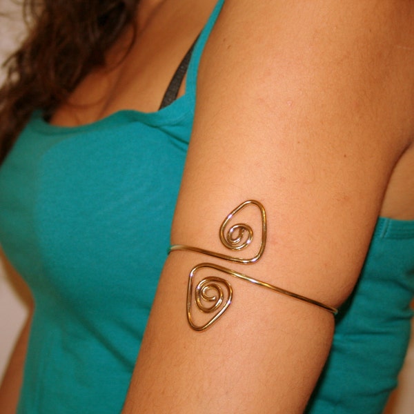 Upper arm cuff arm band spiral shape made of brass, aluminium, german silver or sterling silver 925 wire.