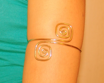 Upper arm cuff arm band spiral shape made of brass, aluminium, german silver or sterling silver 925 wire.