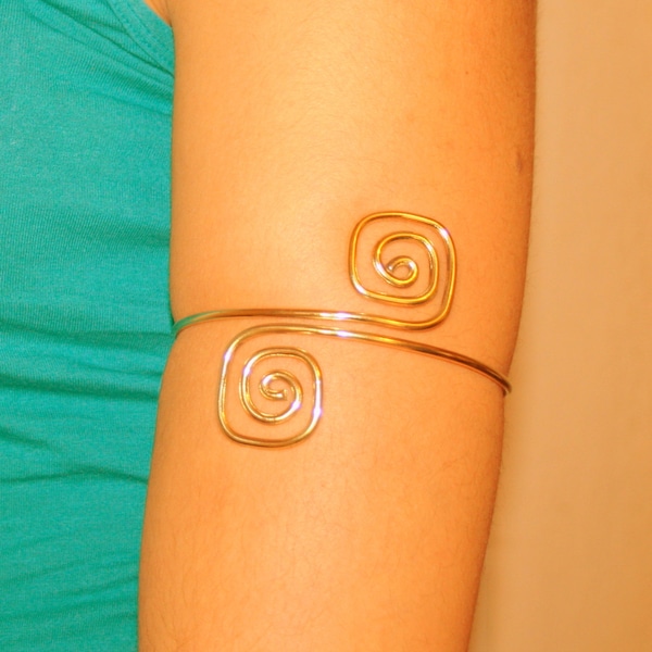 Upper arm cuff arm band spiral shape made of brass, aluminium, german silver or sterling silver 925 wire.