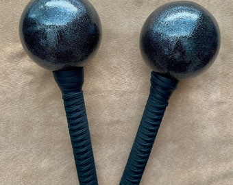 THE TWIN PROTECTORS: Special Edition - Black Tourmaline Filled, Black Leather Grip, Can combine into a Double Headed Rattle
