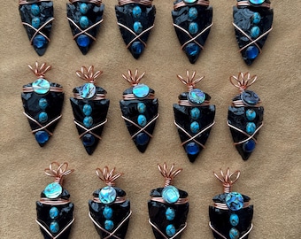 Native American F.O.E.S. (Fire, Ocean, Earth, Sky) ARROWHEAD Pendant - Black Obsidian, Turquoise, Abalone, Paua. For Protection. Jewelry