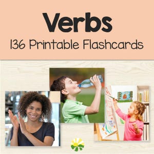 Tarjetas de vocabulario con verbos y palabras de acción / Recurso imprimible para terapia del habla y necesidades especiales / 136 tarjetas con fotos reales