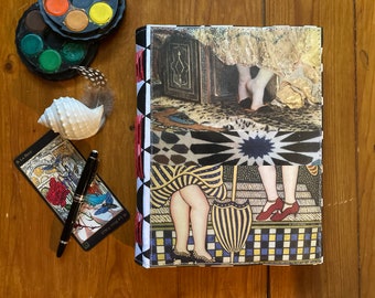 Handmade A5 Journal, Collage Cover, Lay Flat Binding