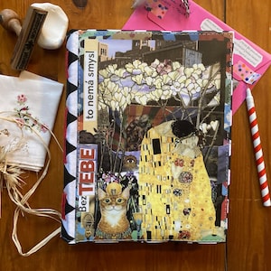 Handmade A5 Journal, Collage Art Cover, Lay Flat Binding