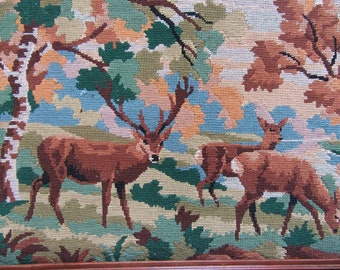 Tapisserie canevas " Cerf biches et forêt " .Pièce textile pour customisation et création. Tapestry canvas customization.