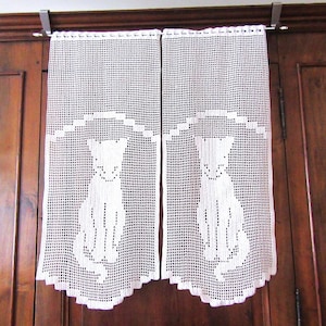 Privacy curtains, Cat sitting lace crochet handmade creation.
