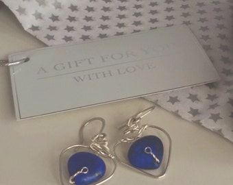 Sterling silver heart earrings with blue agate heart bead, bespoke handcrafted, perfect for your Valentine