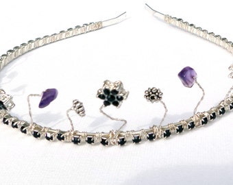 Bespoke Tiara with black diamante flowers, diamante cups, silver flowers and amethyst chips on a silver plated band. Superb bridal accesory