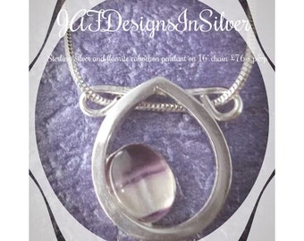 Sterling Silver Teardrop Pendant with oval Fluorite Cabochon inset, bespoke Christmas gift