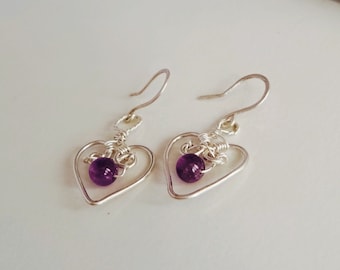 Drop earrings silver and amethyst/Elegant bespoke heart earrings/ Valentine gift/Mothers Day gift