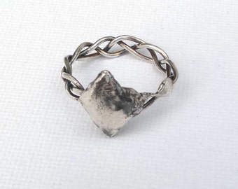 Fine silver medieval style diamond shaped ring with plaited shank band, bespoke Christmas gift