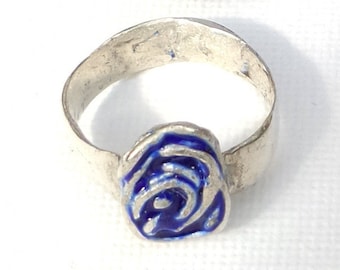 Bespoke fine silver ring with blue enamel swirls, hallmarked, handcrafted ring