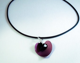 Gothic Heart Pendant, Two hearts pendant, black crystal and anodised  and dyed purple aluminium heart, Gothic Valentine gift