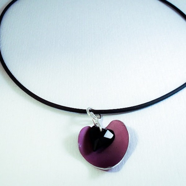Gothic Heart Pendant, Two hearts pendant, black crystal and anodised  and dyed purple aluminium heart, Gothic Valentine gift