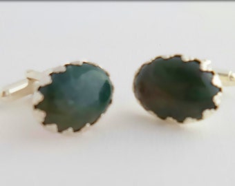 Stylish cufflinks featuring a stunning green moss agate gemstone set in a silver plated claw , unisex, Fathers Day, wedding, anniversary