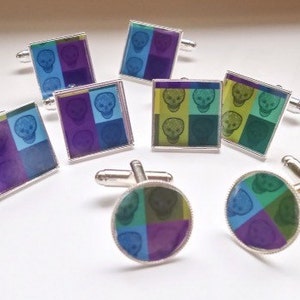 Pop-Art Zucker Schädel Manschettenknöpfe, Versilberte Manschettenknöpfe, Harz Pop-Art-Cabochon, Gothic unisex Manschettenknöpfe, Vatertagsgeschenk, Geburtstagsgeschenk