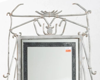 Large Painted Silver Art Deco Iron Metal Frame Mirror Hand Made Art 76" Tall
