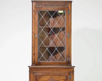 British Oak Leaded Glass Corner Cabinet c.1930's Display