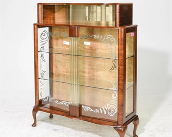 Vintage Art Deco Etched Glass and Mahogany Display Cabinet