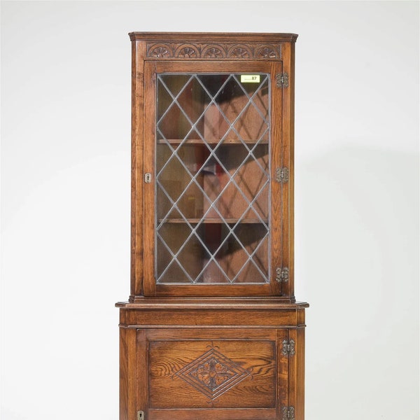 British Oak Leaded Glass Corner Cabinet c.1930's Display