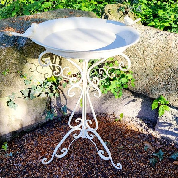 European White Bird Bath Birdbath on Stand Shabby Chic