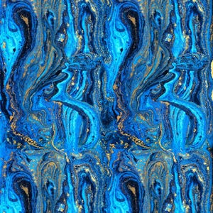 Abstract Blue and Gold Mulberry Silk Satin – Italian Artistic Print for Statement Garments