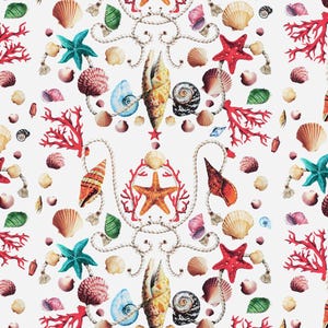Può includere: Un motivo senza cuciture che presenta una varietà di conchiglie, stelle marine, coralli e corde. Il design è in stile acquerello su sfondo bianco.