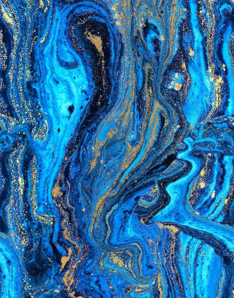 Puede incluir: Fondo abstracto de m&aacute;rmol azul y dorado con patrones en espiral y brillo.