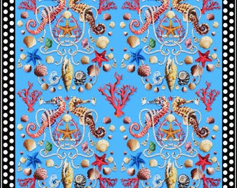 Sea Life Print Silk Panel – Nautical Coral & Seahorse Design on Mulberry Satin from Italy