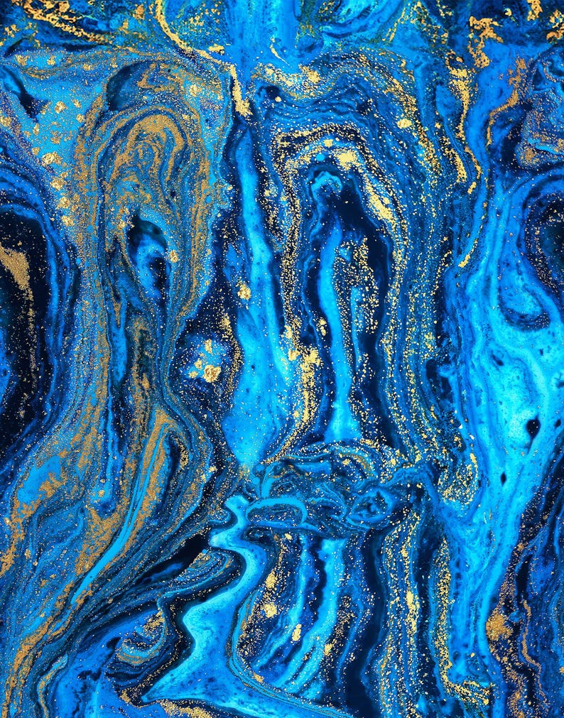 Puede incluir: Fondo abstracto de m&aacute;rmol azul y dorado con patrones en espiral y brillo.