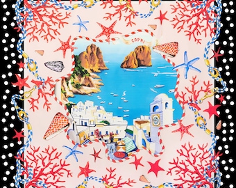 Panel de seda satinada italiana / Estampado costero de fantasía marina, 16 momme