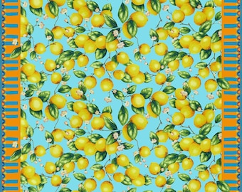 Tela de satén de seda Mulberry italiana, estampado de limones con borde llamativo, material de diseño de lujo