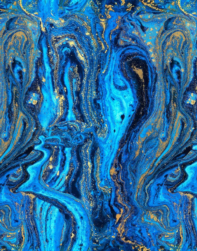 Puede incluir: Fondo abstracto de m&aacute;rmol azul y dorado con patrones en espiral y brillo.
