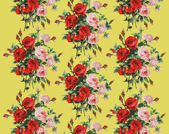 Tela de satén de seda Mulberry italiana, estampado de rosas rojas y rosas sobre fondo amarillo