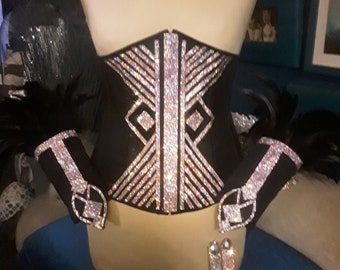 Drag Wow Bling ! Rhinestone Corset/Cincher 33/34 "Waist .Cuffs and choker plus feather cloche , hatpin ,earrings and adjustable ring.
