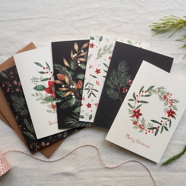 Ensemble de cartes de Noël botaniques - pack de 6 cartes de vœux de Noël illustrées