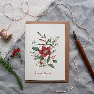 Cartão de felicitações de buquê de Natal - Cartão postal botânico ilustrado de rosas de Natal