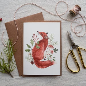 Carte de voeux de Noël renard - Carte postale illustrée d'animaux des bois et botaniques