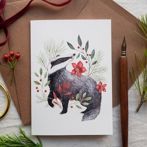 Christmas badger greeting card - Illustrated woodland animal and botanical postcard