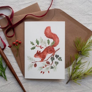 Carte de voeux de Noël écureuil - Carte postale illustrée d'animaux des bois et botaniques