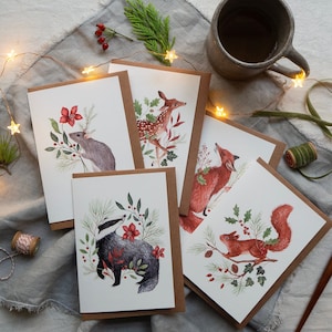 Kerstkaartenset bosdieren en planten - pakket met 5 geïllustreerde kerstkaarten - vos, das, muis, hert en eekhoorn