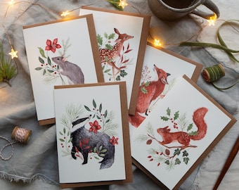 Woodland animals & botanicals Christmas card set - pack of 5 illustrated xmas greeting cards - Fox, Badger, Mouse, Deer and Squirrel