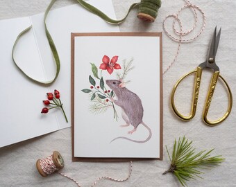 Christmas mouse greeting card - Illustrated woodland animal and botanical postcard